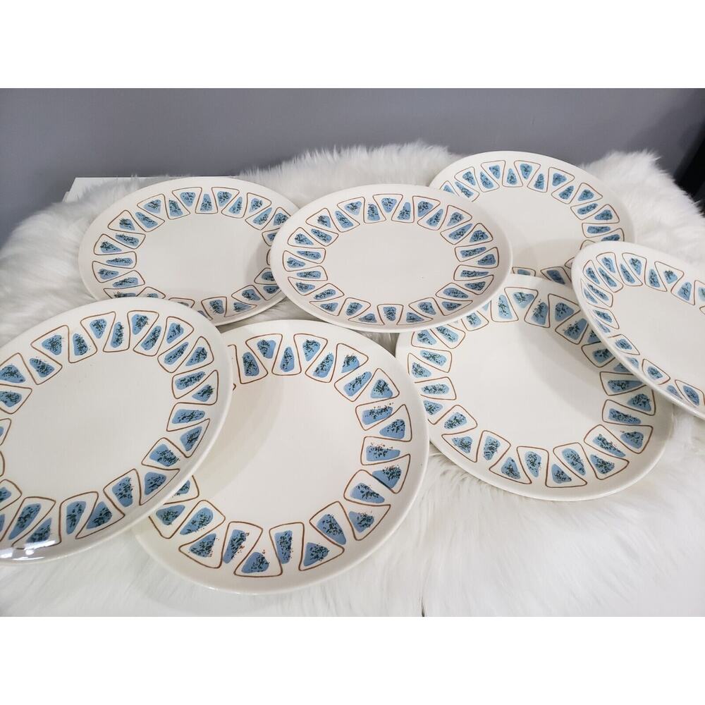 RARE 1950s Vintage‎ Royal China Dinner Plates Atomic MCM blue brown SET OF 7 lot